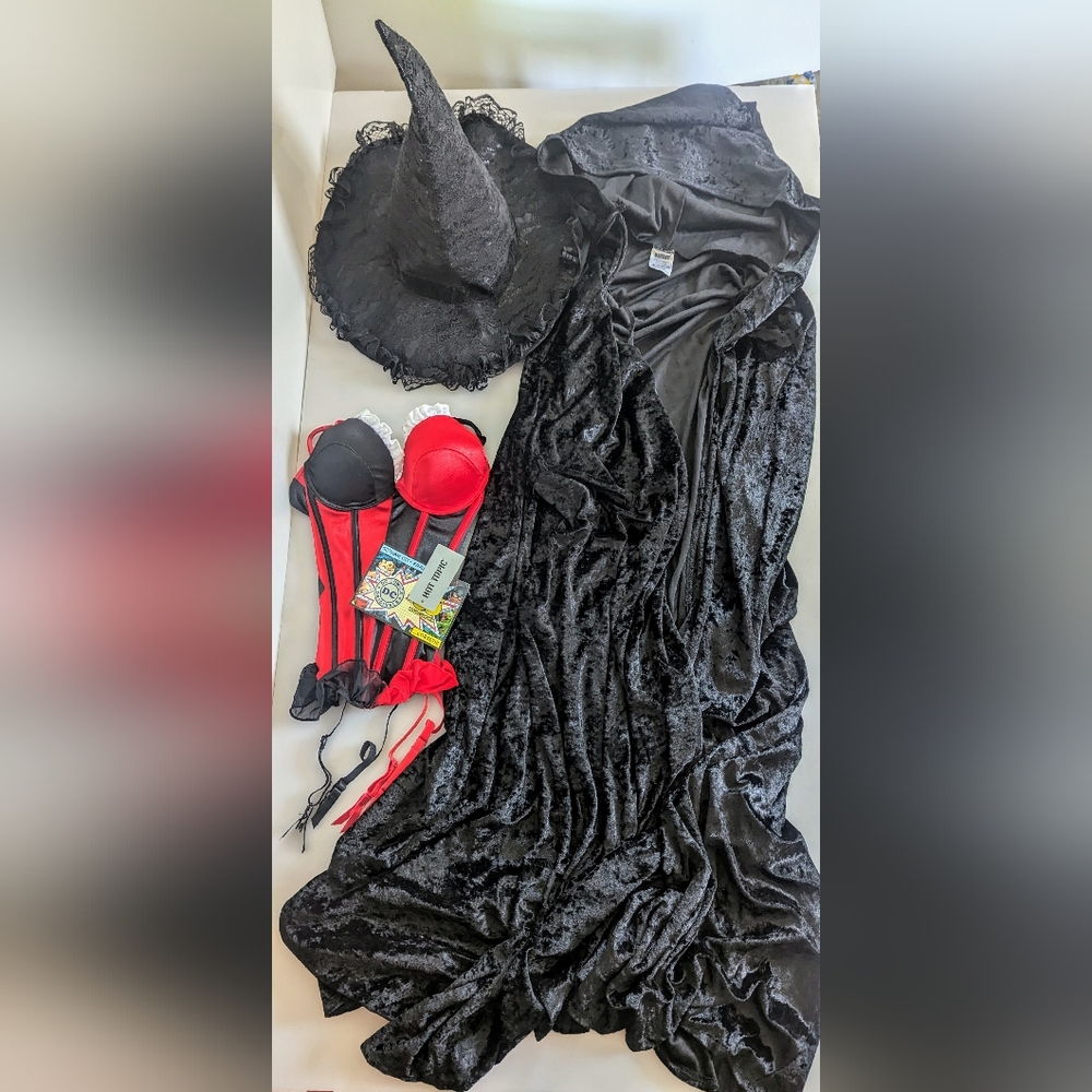 Halloween Set: Fantasy Velvet Hooded Women's Cape, Lace Hat, Red Black Corset